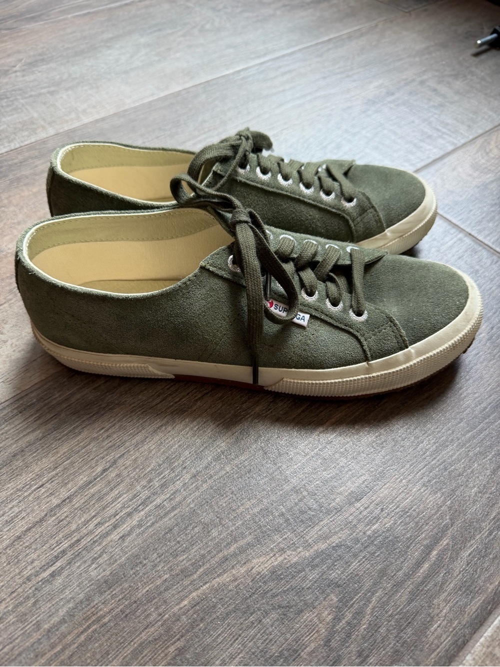 Superga Women’s Suede Low-Top Sneakers in Olive Green with Off-White Sole